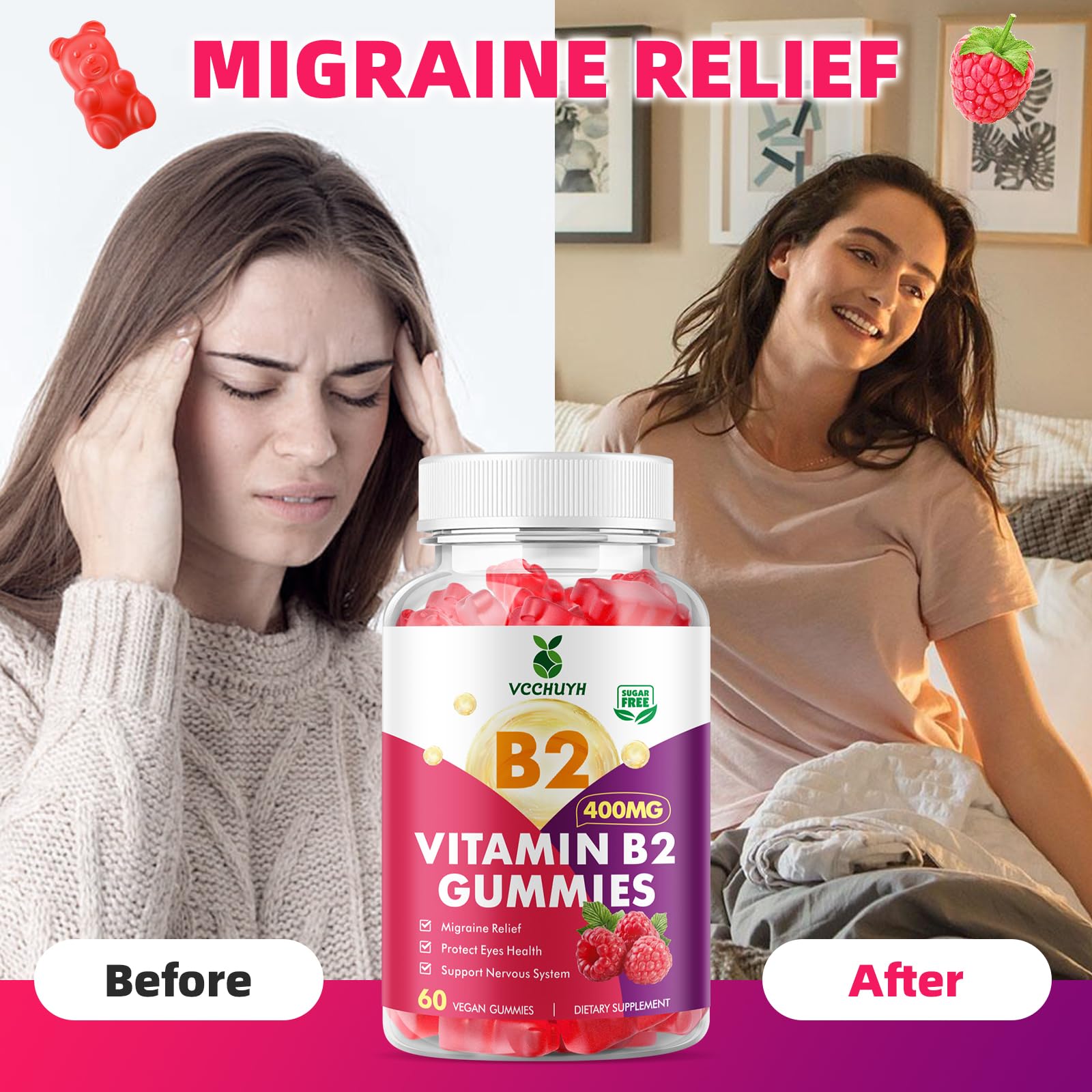 Vitamin B2 Gummies for Kids & Adults, VIT B2 Riboflavin 400mg Supplement with Magnesium for Migraine Relief & Nervous System Support, Suagr-Free/Vegan, Raspberry Flavor 60 Count — Amazon image 4
