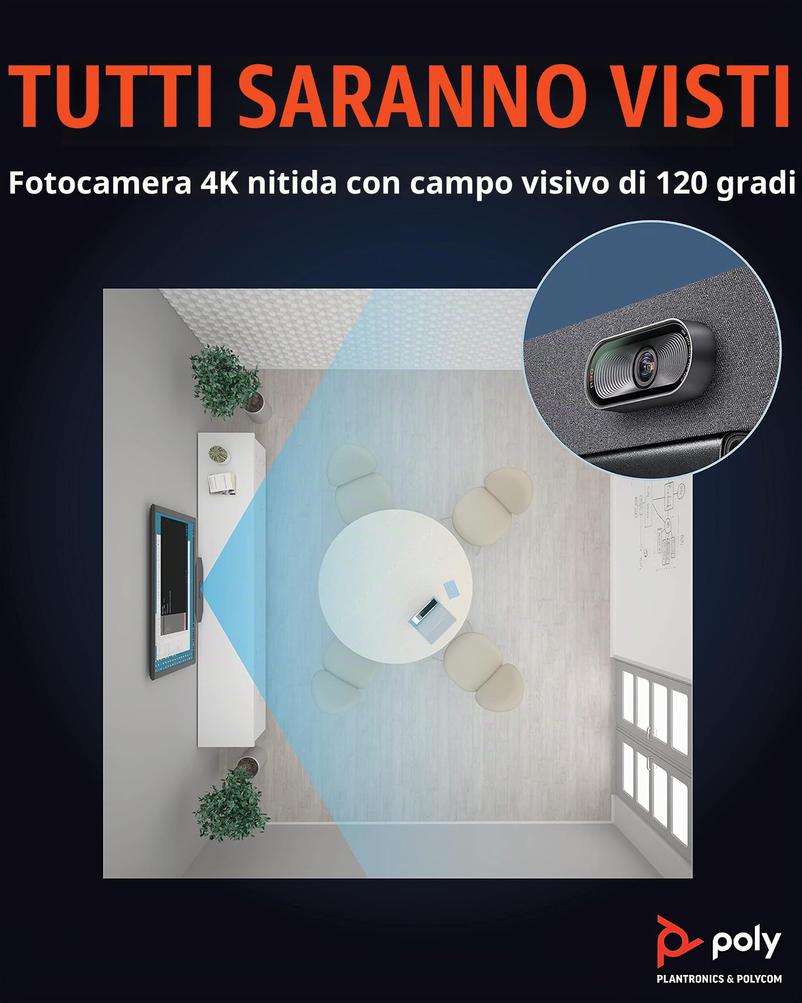 Poly Studio R30 - Sistema di videoconferenza 4K (Plantronics)-Camera, microfono e barra altoparlanti per piccole sale-Tracciamento del presentatore, NoiseBlockAI, inquadramento degli altoparlanti