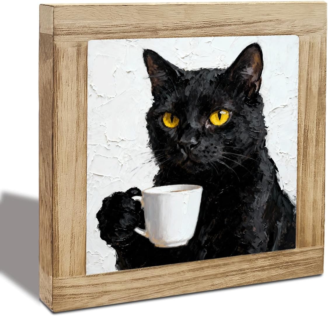 Funny Black Cat Desk Art Decor, Mini Cat Painting with Coffee Mug, Framed Wooden Box Sign for Home Office Desk Shelf Bedroom Living Room, Cat Lover Gift