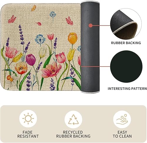 Miniatura 4 de Juego de 2 tapetes y tapetes de cocina de Pascua, diseño de conejito floral de acuarela, decoración de cocina de primavera, tapete antideslizante y