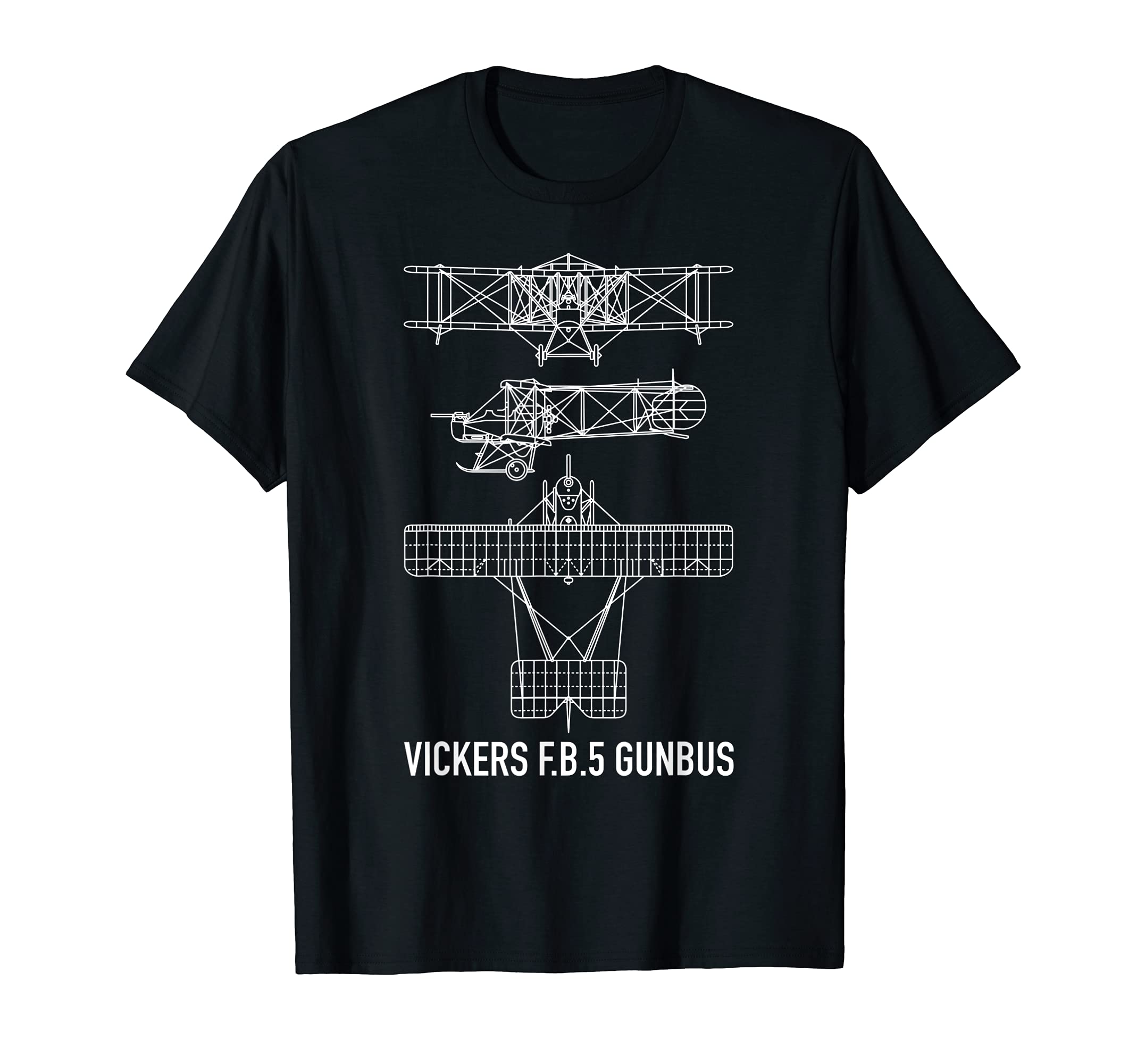 Vickers F.B.5 Fighting Biplane 5 Gunbus Blueprint Diagram T-Shirt, Black
