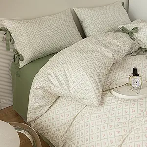 VM VOUGEMARKET Red Blooming Duvet Cover Set Twin,Green Plaid Grid Duvet Cover with 2 Bowknot Pillowcases 100% Cotton Chic Garden Style Bedding Set for Girls Women Without Comforter