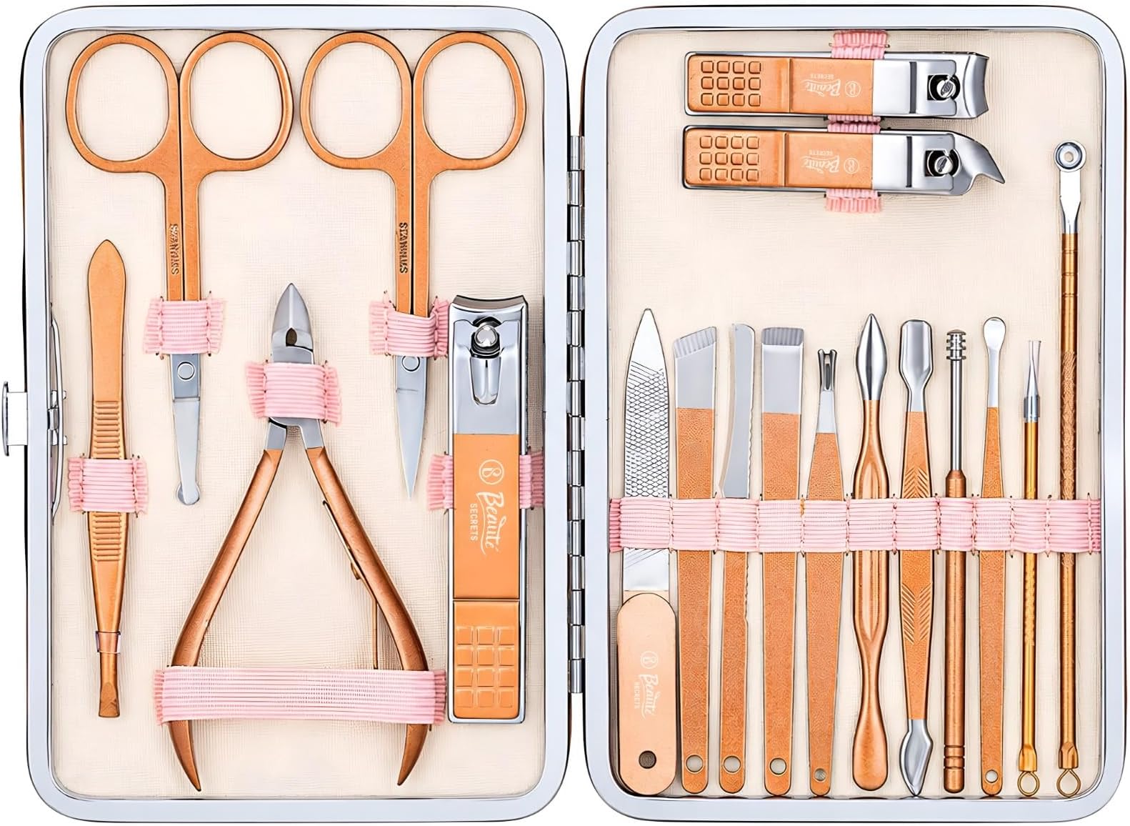 Beautรฉ Secrets Manicure Kit, pedicure tools for feet, Nail Clipper, Manicure Pedicure kit for women and Men, 18 Pieces,Perfect Gifts for Women and Men (Rose Gold)