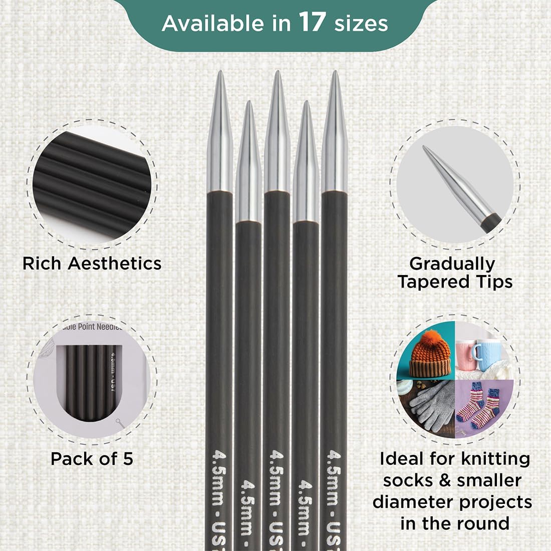 KnitPro Karbonz Double Pointed Needles 8" (20cm) | US Size 7 (4.5mm)