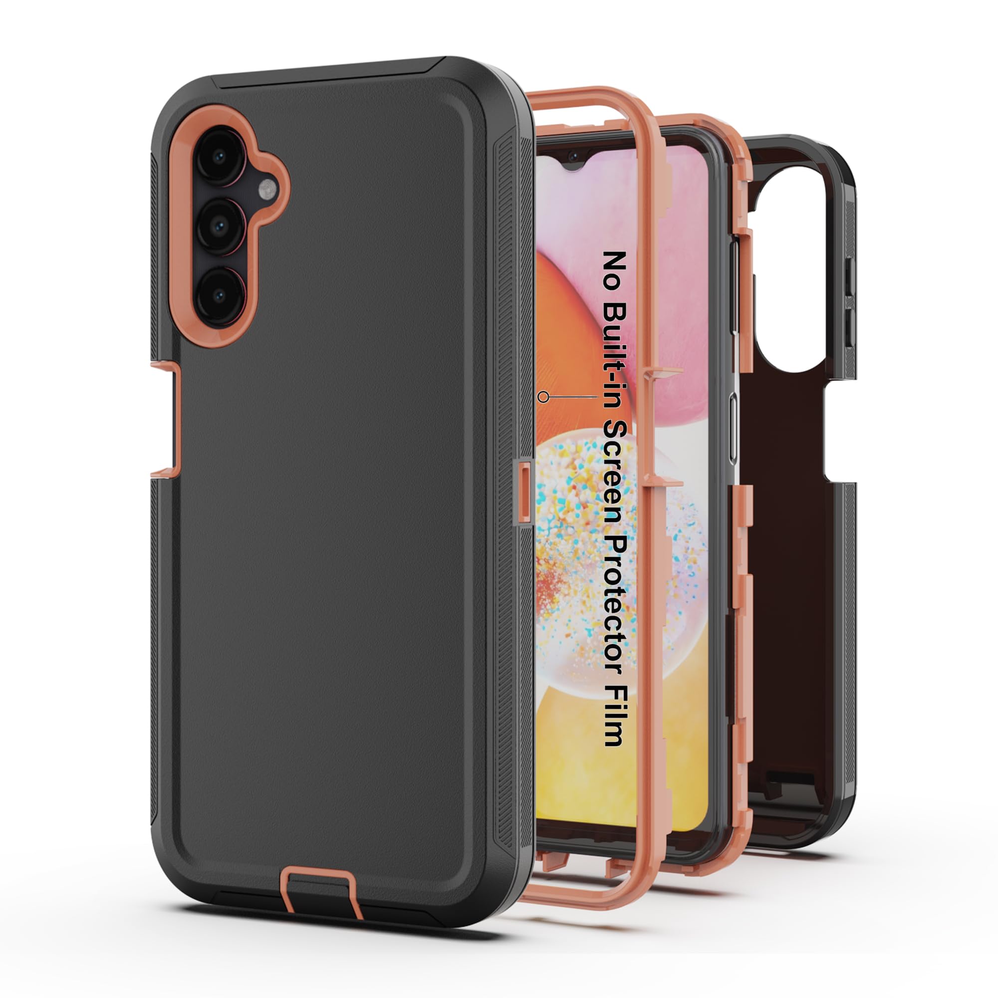 AWZHYDT for Galaxy A14 4G/5G Case, Heavy Duty Protective Case with [3 Layers] Rugged Rubber Shockproof Protection Cover for Samsung Galaxy A14(Black/Orange)