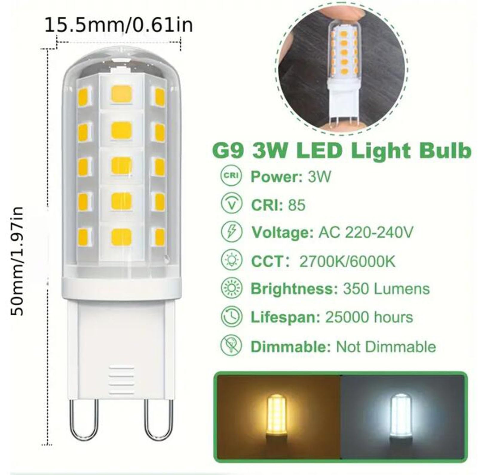Bombillas LED G9 3 Vatios Equivalente 30 Vatios Ahorro Energía Iluminación Para Candelabros Lámparas Techo Lámparas Pared Lámparas Techo Lámparas Pared No Regulable(G9 3W Cool White 6000k,10PCS)