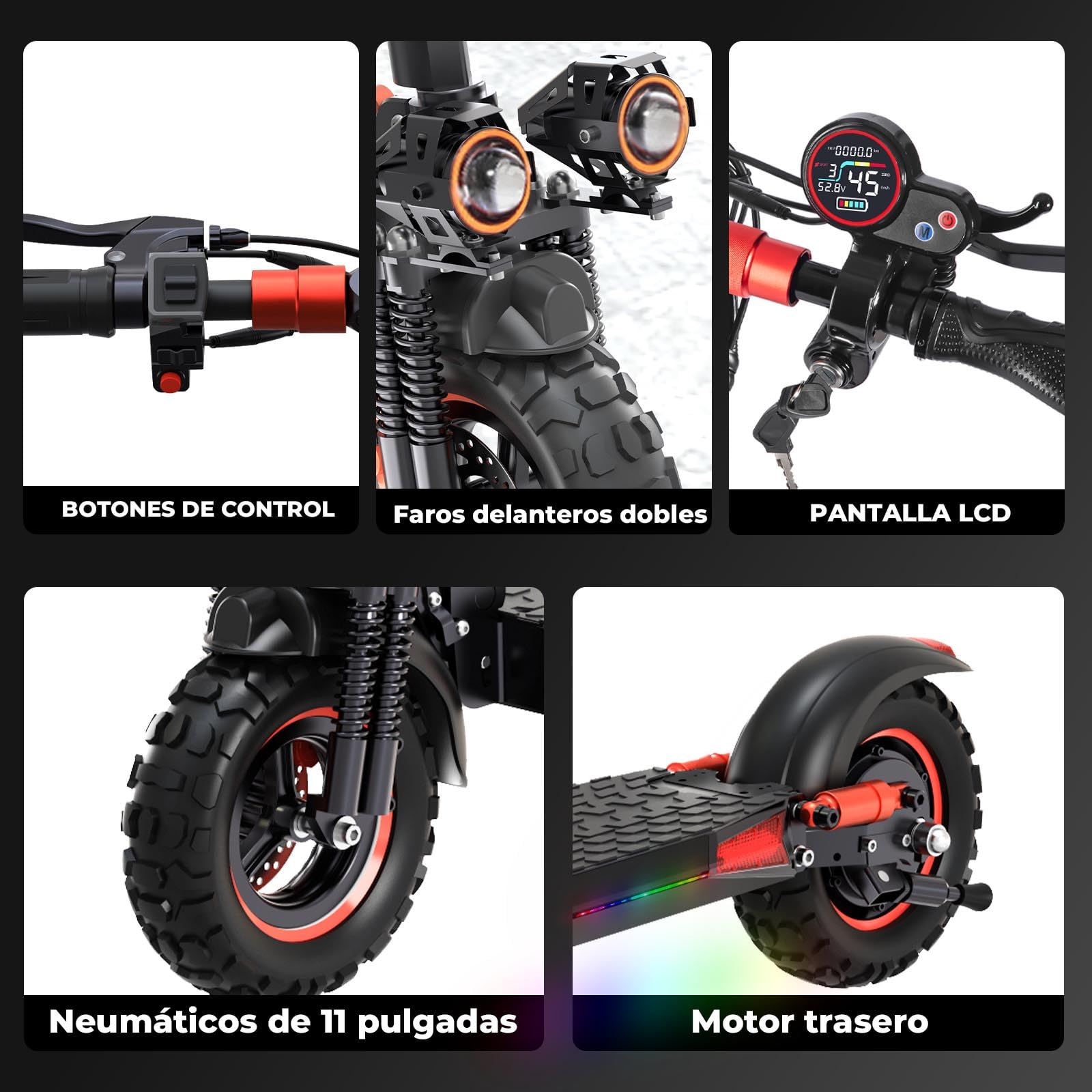 1600W Patinete Eléctrico Adultos Autonomía 45-55KM, 48V/18Ah Batería, Ruedas 10.5" Todoterreno Electric Scooter Doble Frenado Sistema Patinete Electrico Plegable de Aluminio Capacidad Carga 150kg