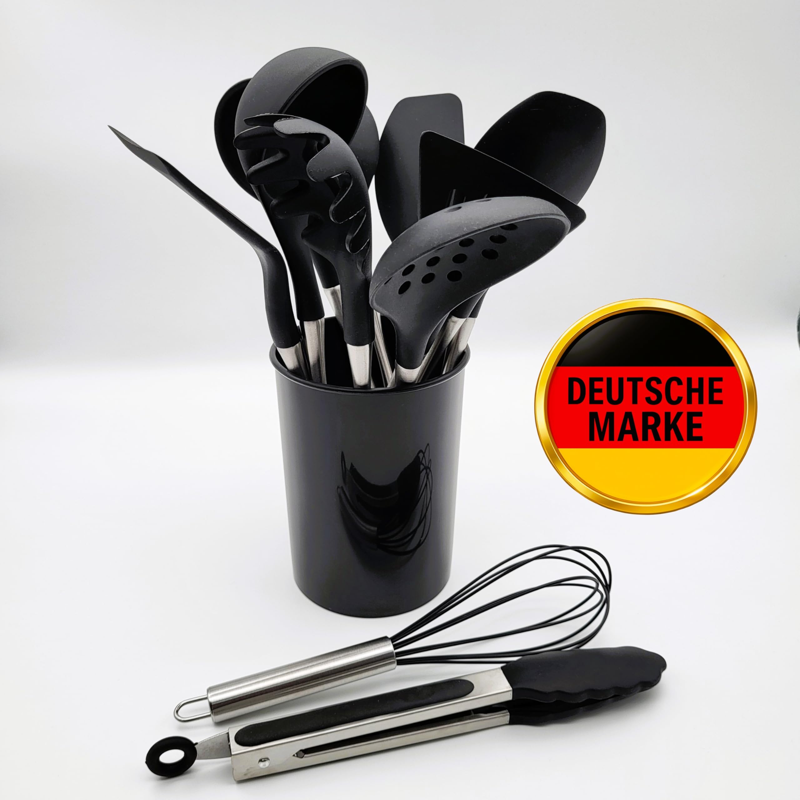 BWG Premium Küchenhelfer Set Edelstahl - Silikon12-teilig, Kochbesteck, Kochutensilien, Set aus hochwertigem Silikon in Schwarz, Griffe in elegantem Design, hitzebeständig.