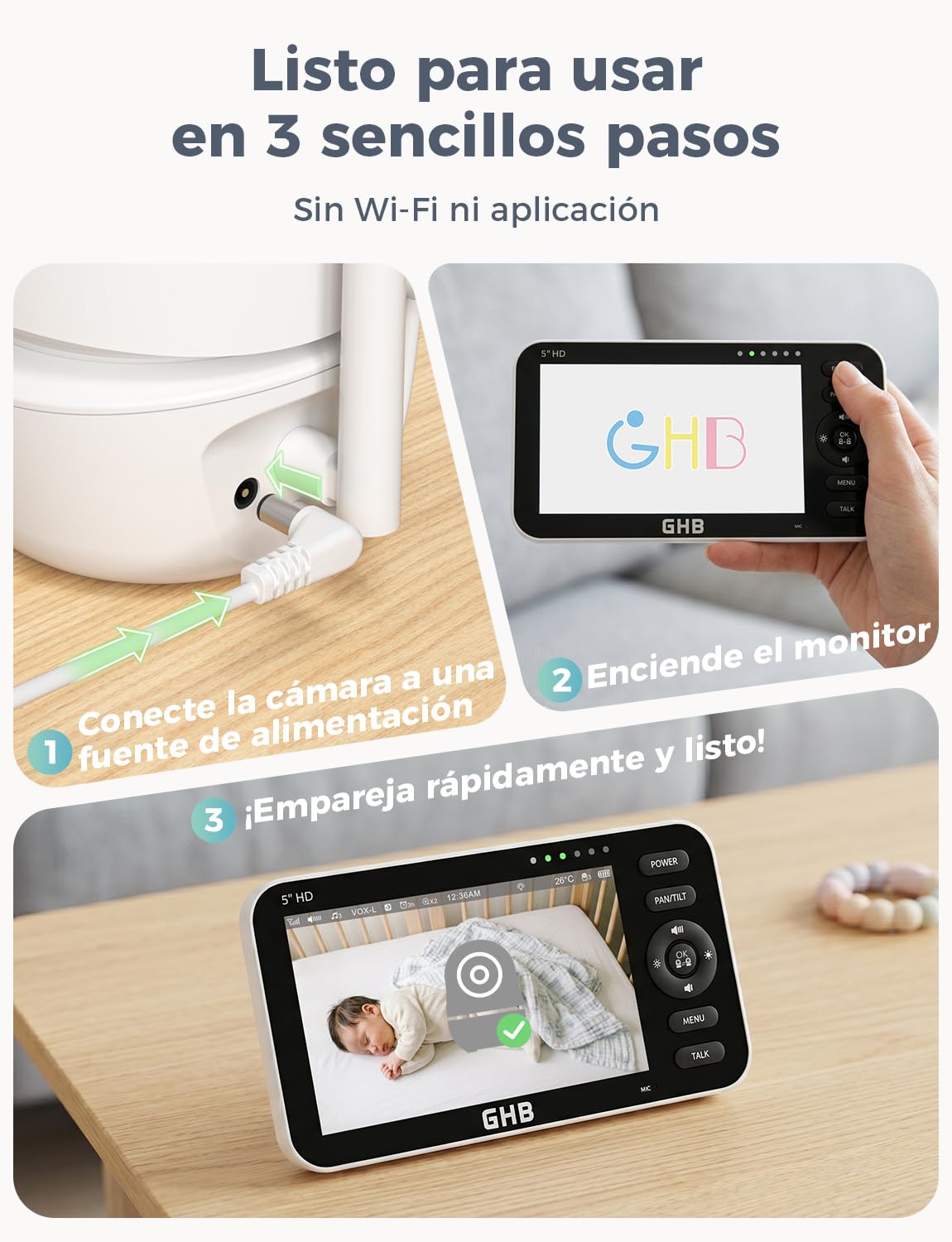 GHB Camara Vigilancia Bebe con 5" HD Pantalla Vigilabebés con Cámara, Batería de 4000mAh Soporta 4 Cámaras, Pantalla Dividida, 4×Zoom, Visión Nocturna, Comunicación Bidirecciona Escucha Bebes