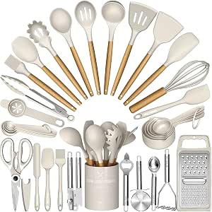 Umite Chef Silicone Kitchen Utensil Set, 34PCS Heat Resistant Kitchen Gadgets and Tools With Grater, Wood Handles for Nonstick Cookware