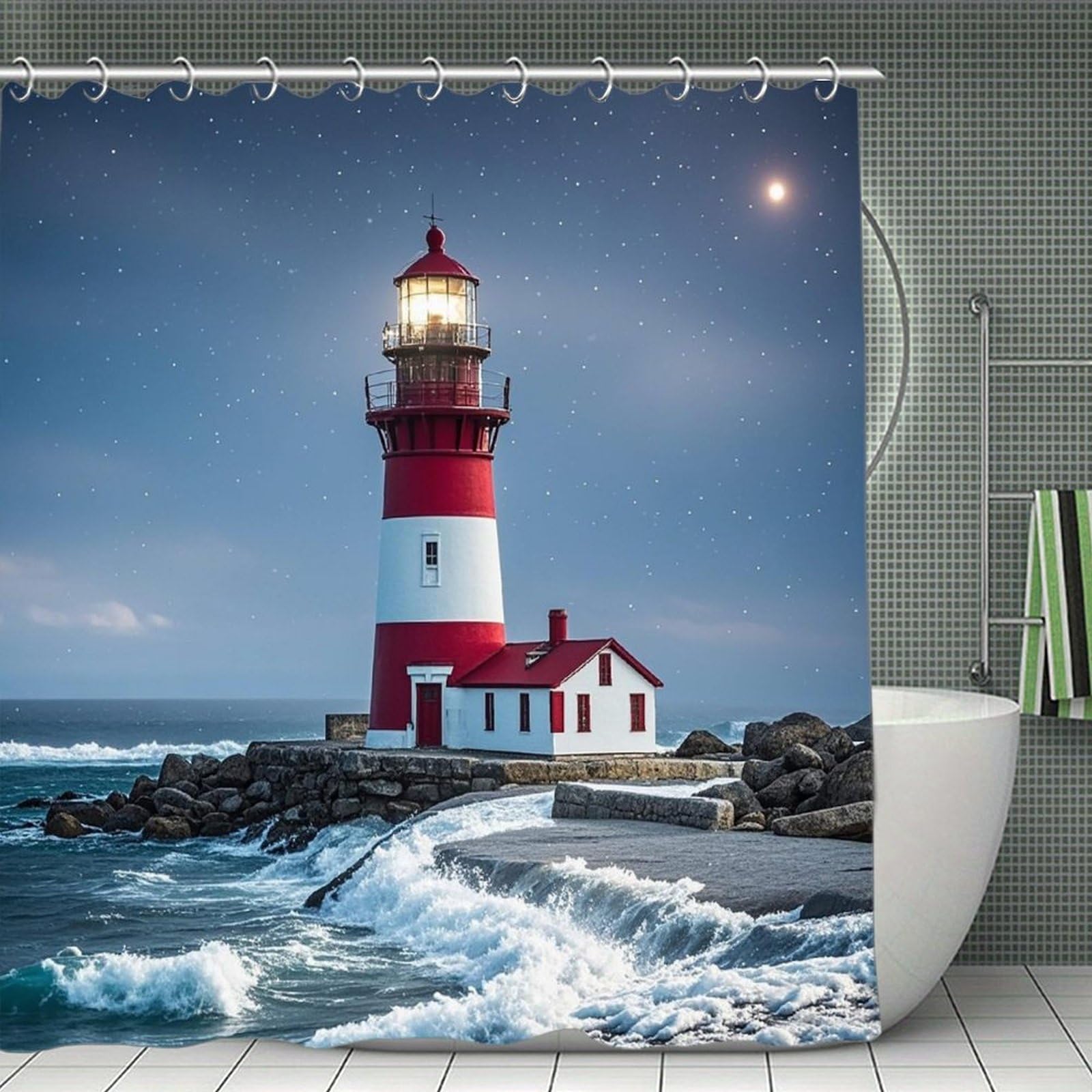 FekiLoot Lighthouse Ocean Shower Curtain Minimalist Thick Bathroom Curtain Washable Modern Bathroom Shower Curtain Heavy Duty Waterproof Cloth Bath Curtain with Hooks 70.8"x70.8"
