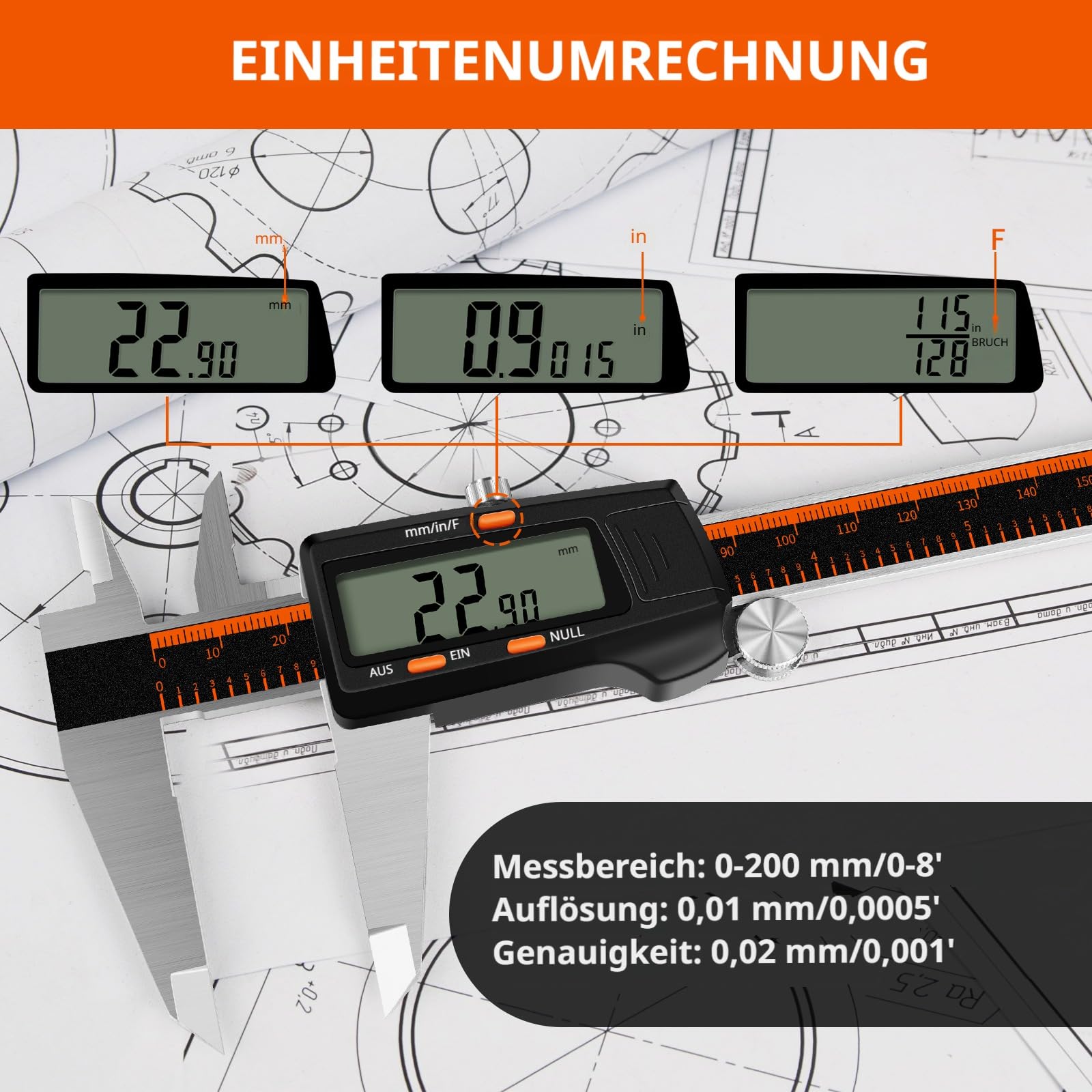 HARDELL Calibrador Digital 0-8 Pulgadas, Pantalla LCD Grande, Acero Inoxidable, Apagado Automático, Medición en Pulgadas/Milímetros/Fracciones, Impermeable, Herramienta de Precisión para Bricolaje