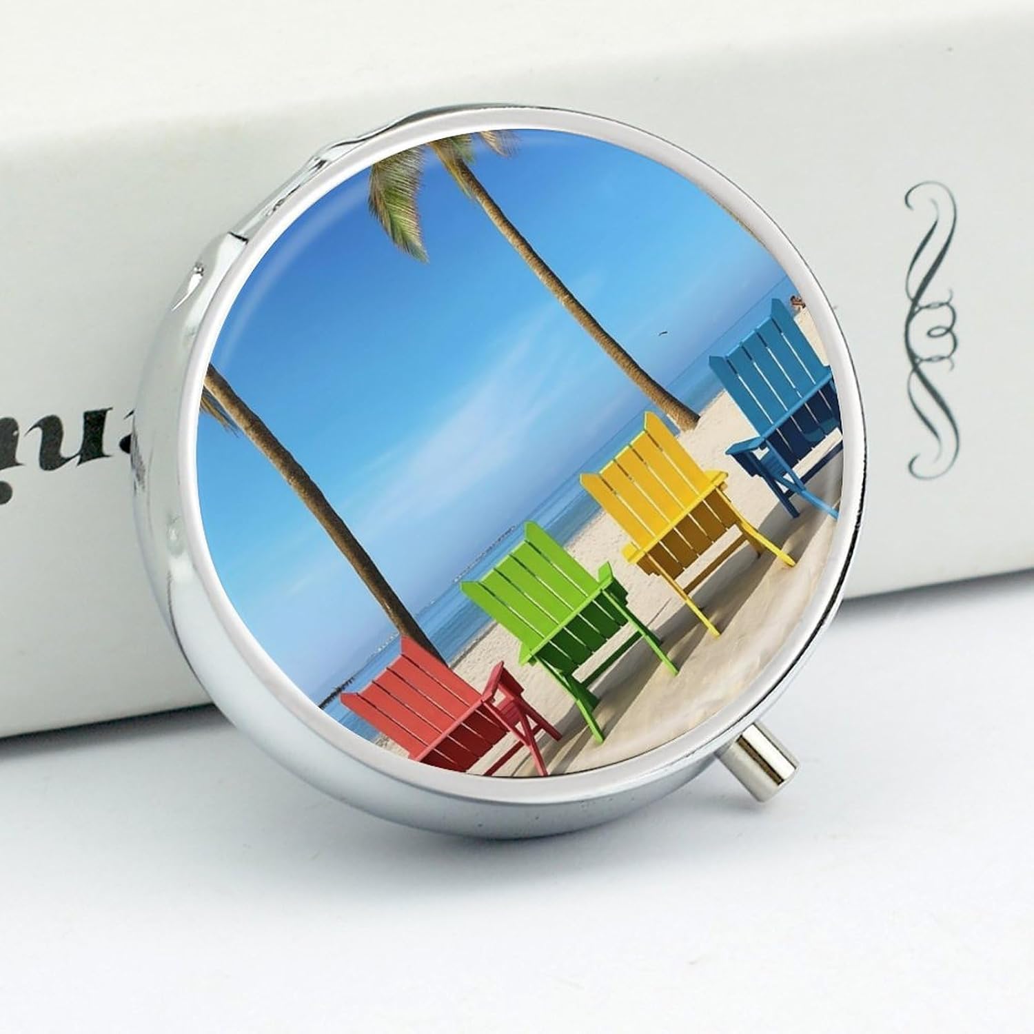 Round Silver Pill Box Small Pill Case for Purse and Pocket 3 Compartment image 4