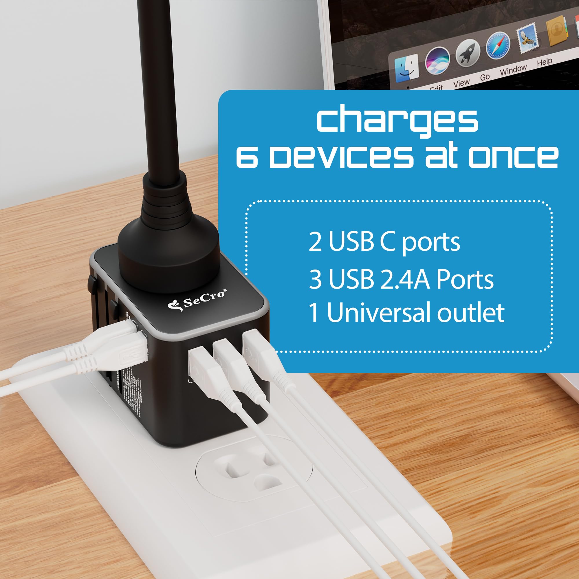 SeCro 6 in 1 Universal Charger Adapter, | 35W PD Fast Charger | 10 Years Warranty | International Travel Adapter with PD, Type C & 3 USB Ports | Worldwide Travel Charger Support +150 Countries — Amazon image 5