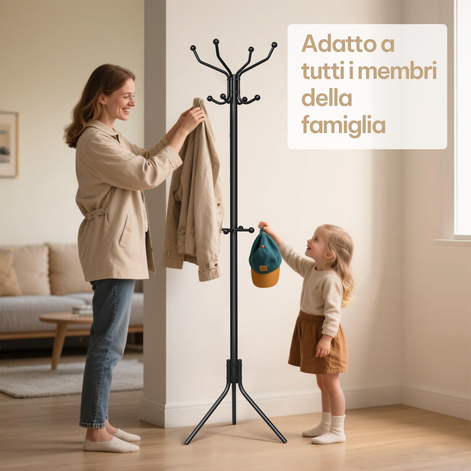 eSituro Appendiabiti Autoportante con 12 Ganci, per Corridoio, Camera da Letto, Guardaroba, Ufficio, Mobile a Forma di Albero in Metallo per Vestiti, Cappelli e Borse, 45x40x173 cm, Nero | Albero tascabile con 12 ganci, appendiabiti in metallo, per soggio