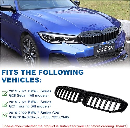 Miniatura 4 de Parrilla G20 - Rejilla de riñón negra compatible con la serie 3 2019-2022 G20 316i318i320i328i330i335i340i, ABS de un solo listón negro brillante