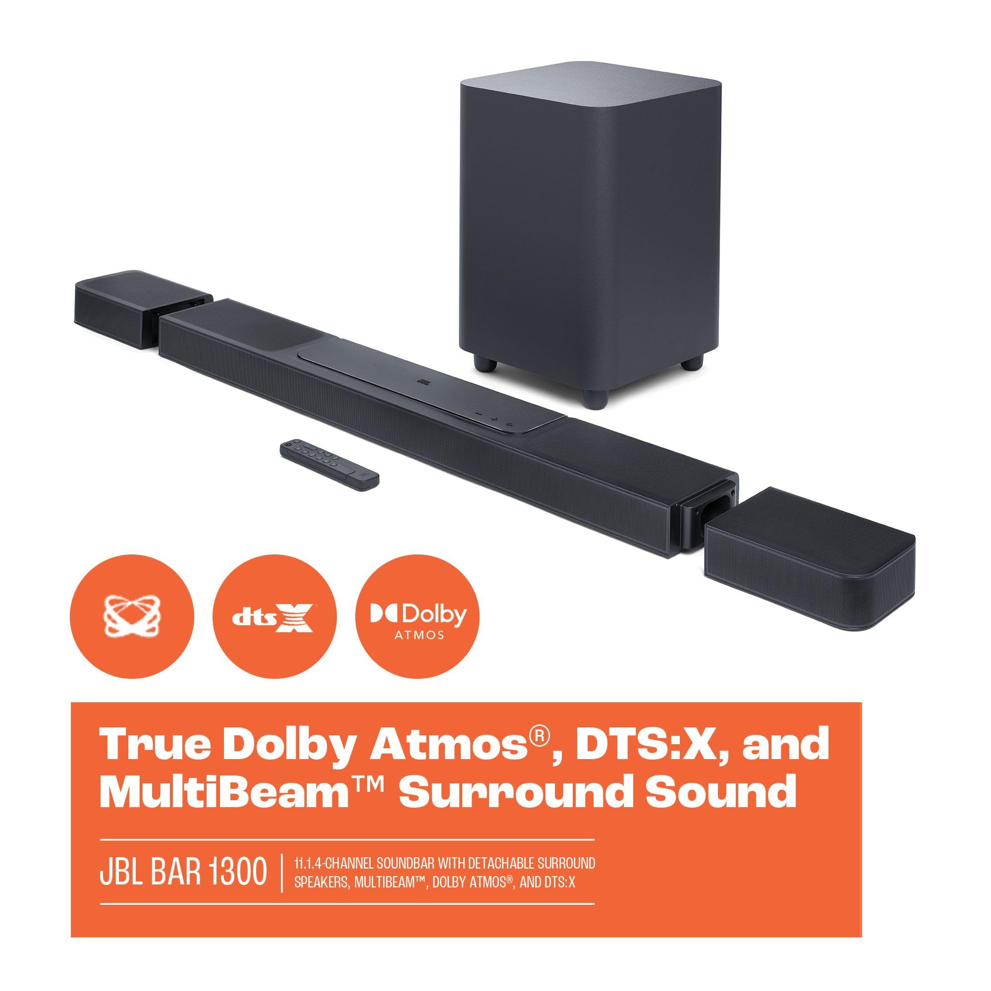 JBL Bar 1300, Soundbar a 11.1.4 Canali per TV con Casse Altoparlanti Surround Rimovibili a Batteria, Telecomando, Dolby Atmos, MultiBeam e DTS:X, Connessione HDMI eARC con 4K Dolby Vision, Nero