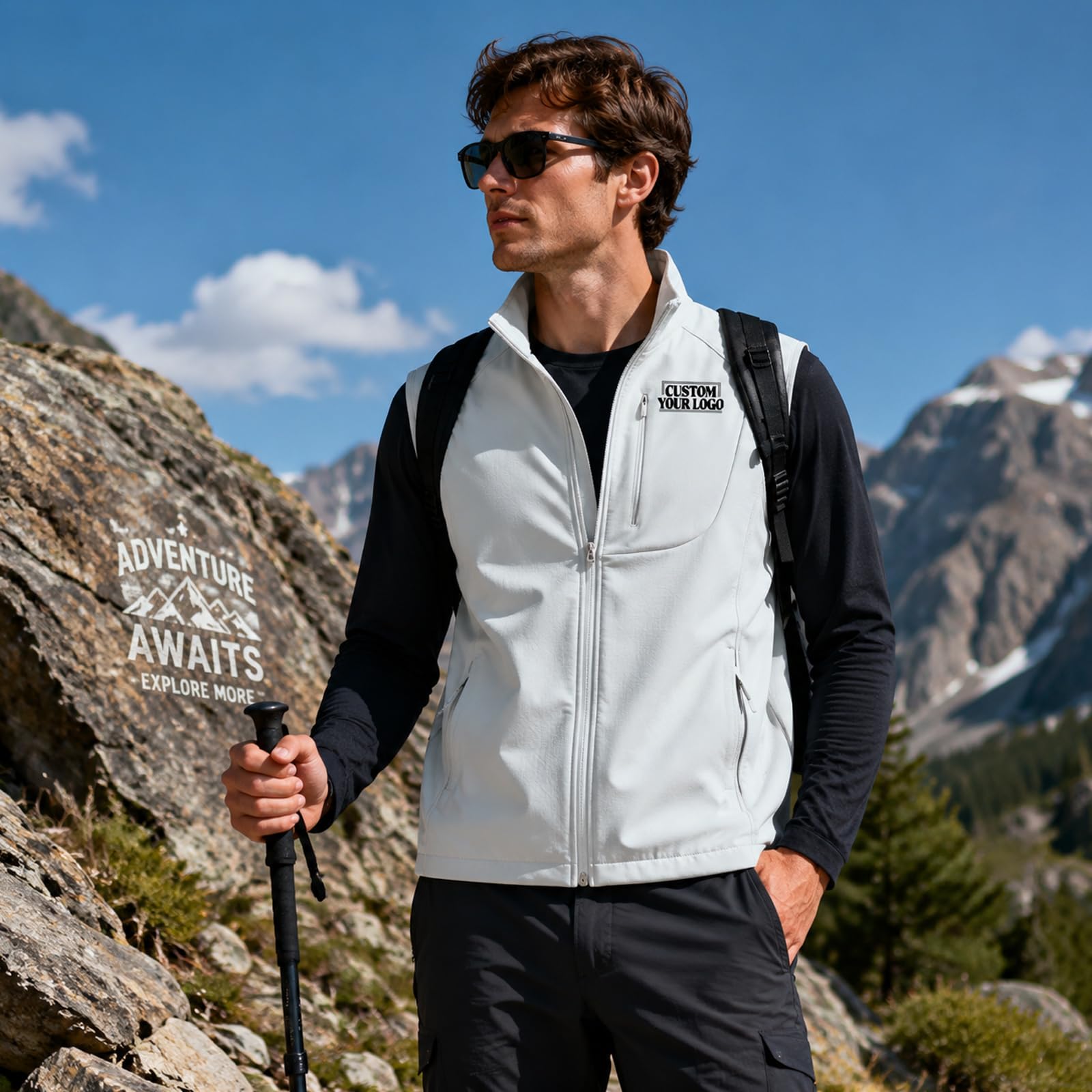 Gilet da uomo in softshell foderato in pile antivento con logo personalizzato | Progetta il tuo testo, colletto alla coreana, senza maniche, leggero, gilet sportivo con tasca, per uso esterno di squadra