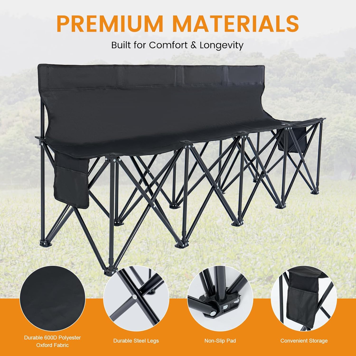 LILYPELLE Portable Soccer Bench, Team Bench Soccer 4 Seats with Carry Bag, Sideline Folding Bench for Football Camp Outdoor Sport Events, Team Chairs for Adults, Black