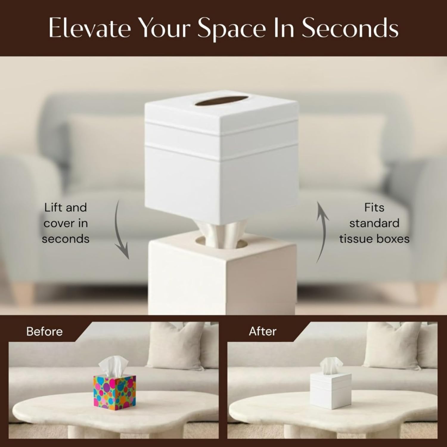 Monarch Abode Tissue Box Cover Square – Handcrafted Border Embossed White Metal Tissue Holder Box for Bathroom Accessory, Aesthetic Decorative Facial Napkin Cube for Modern Home Decor