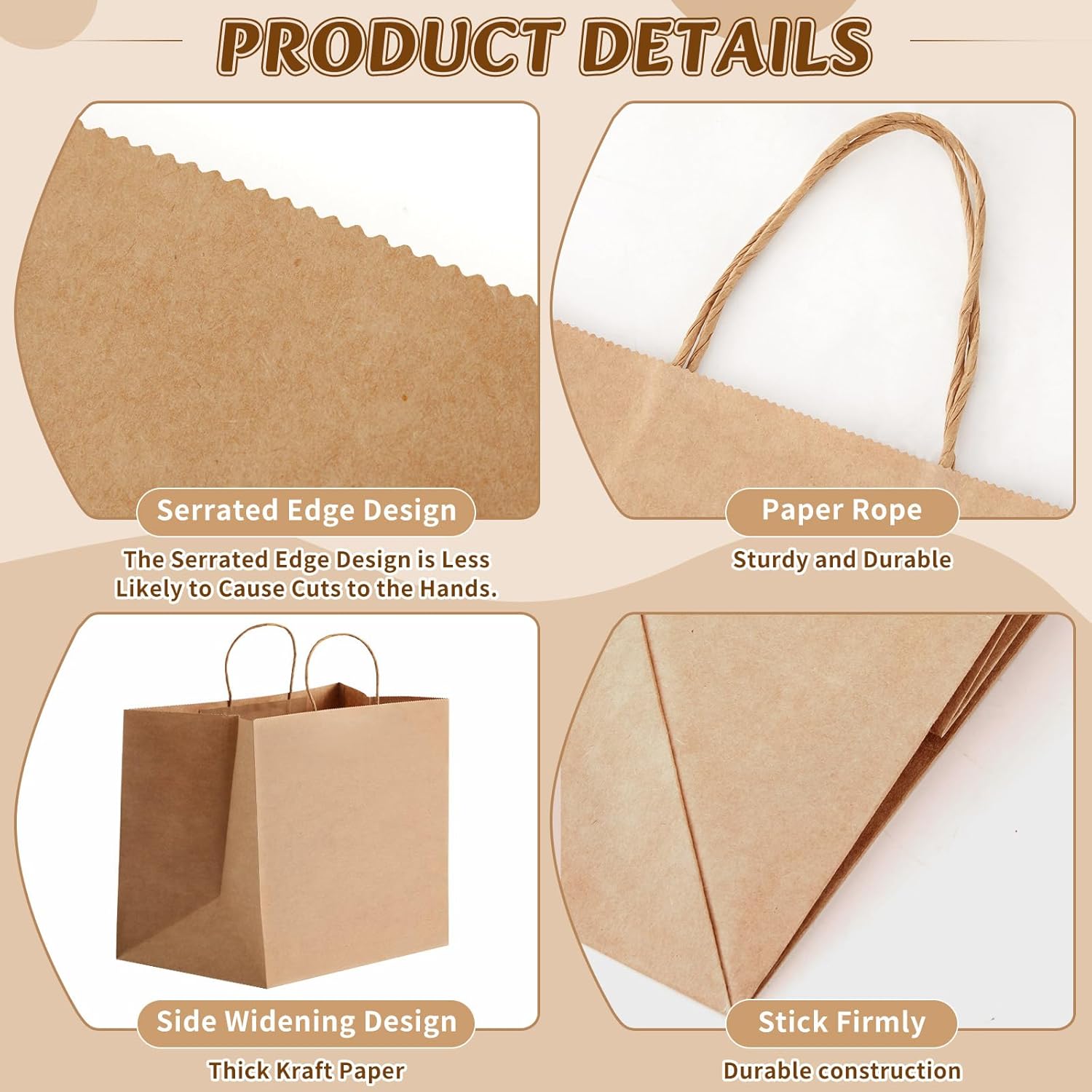 Marspark 60 Pcs Extra Large Paper Bags with Handles, 120 Gsm Wide Bottom Paper Gift Bags for Small Business, Shopping, Retail Stores and Party Favors, Holds up to 20.3l/10 Lbs (Brown)