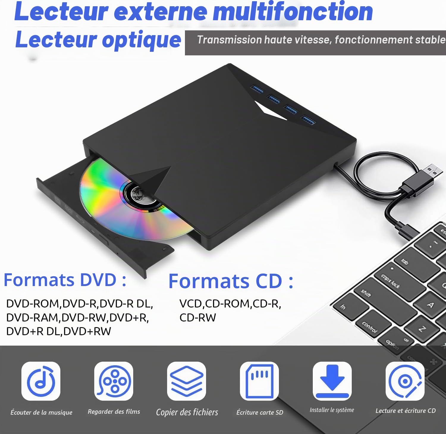 8 en 1 Lecteur Blu-Ray Externe - Lecteur DVD/BD Graveur Blu Ray avec USB 3.0 Type-C, Portable Lecteur Blu Ray Externe, 3D CD DVD Graveur Optical Bluray Drive pour PC Windows 11 10 8 7