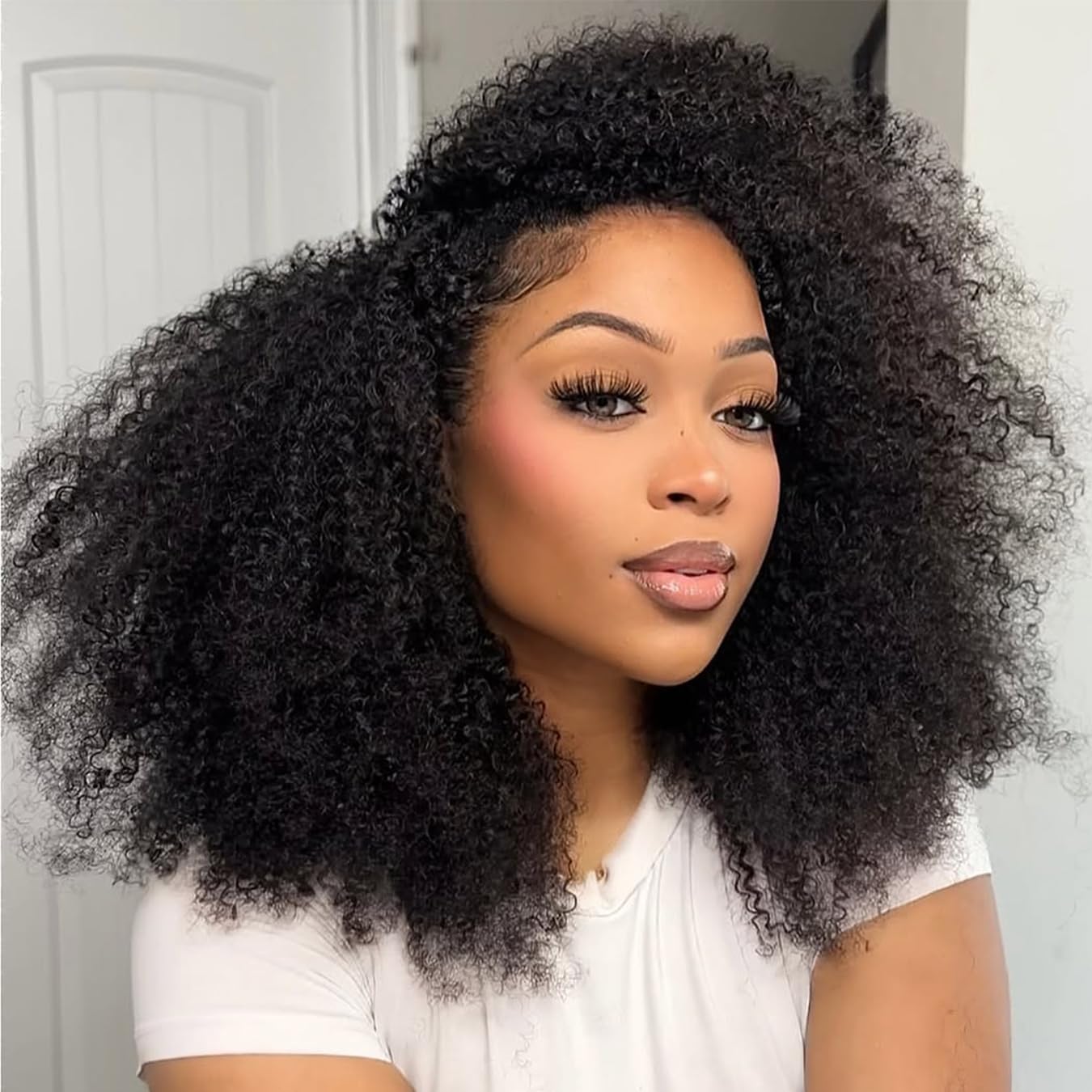 Half Wig Human Hair Curly Wig Human Hair 3/4 head Wigs For Women 180% Density Natural Black 14 Inch Easy to install