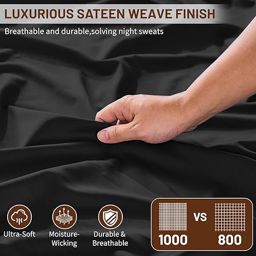 Miniatura 3 de MEISHANG Sábanas de algodón de 1000 hilos, tamaño Queen, 100% algodón egipcio, tejido satinado, suave y transpirable, certificado Oeko-Tex,