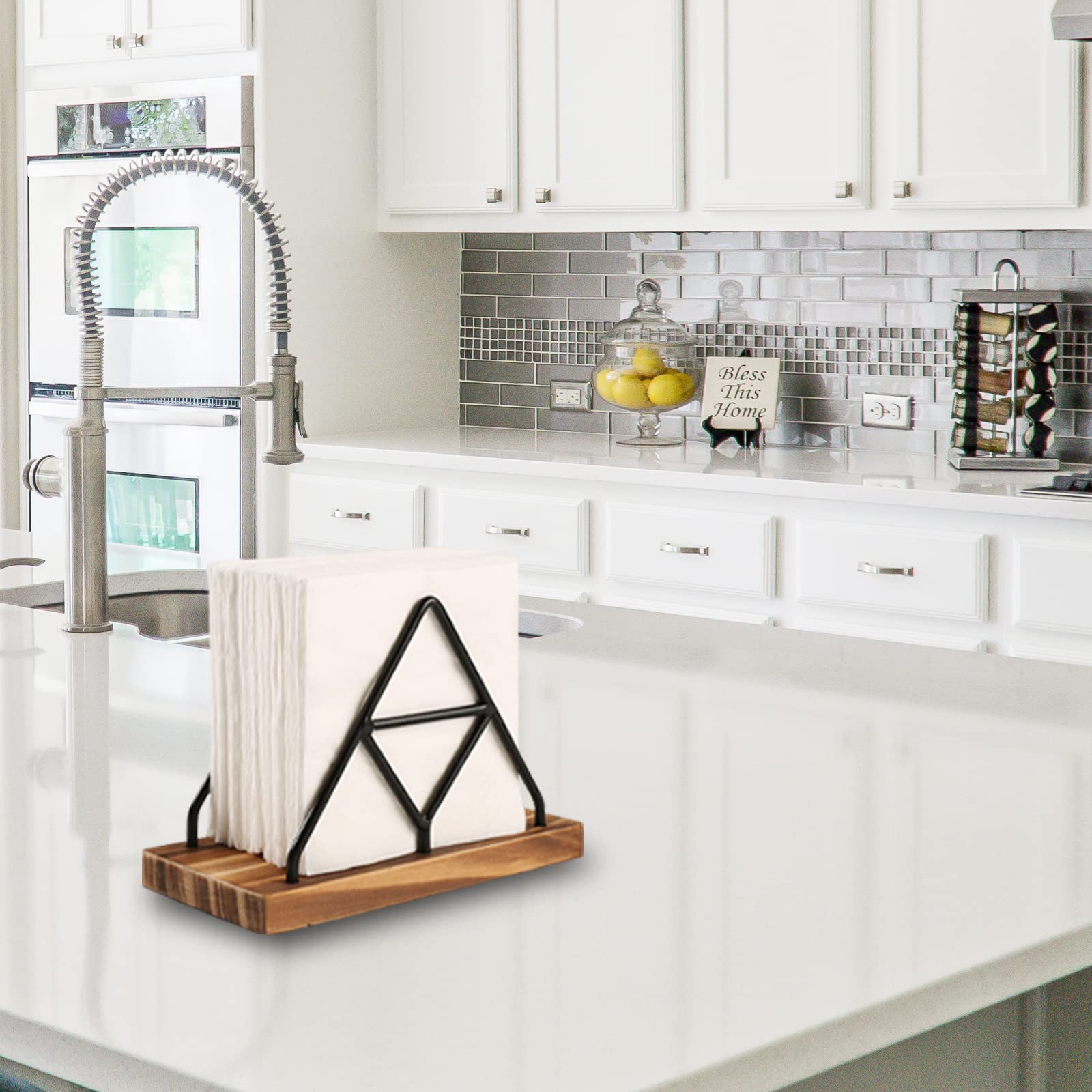 Almacenamiento de servilletas de madera, 1 soporte de servilleta de mesa negro con alambre de metal negro para interiores y exteriores, decoración de cocina