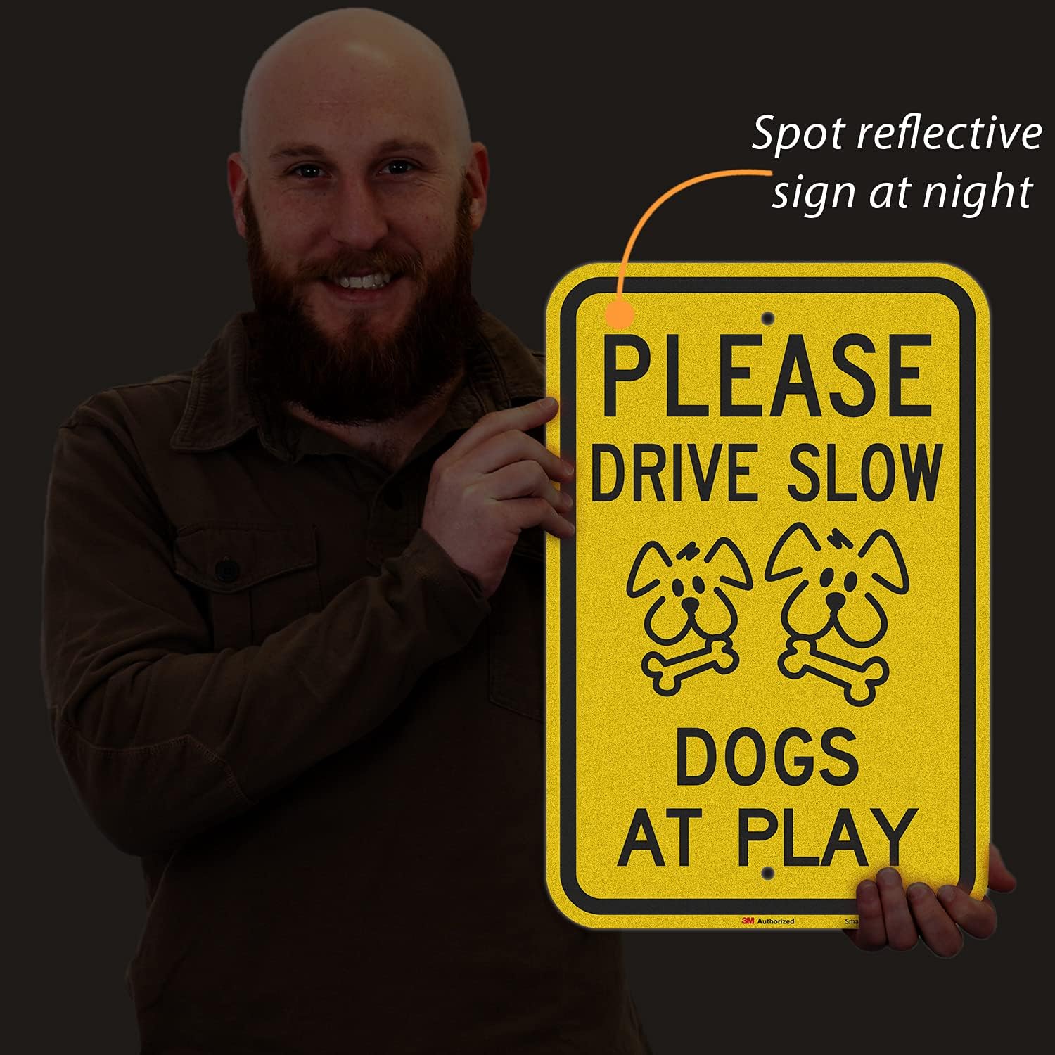 SmartSign - K-6639-EG-12x18 "Please Drive Slow - Dogs At Play" Sign | 12" x 18" 3M Engineer Grade Reflective Aluminum Black on Yellow