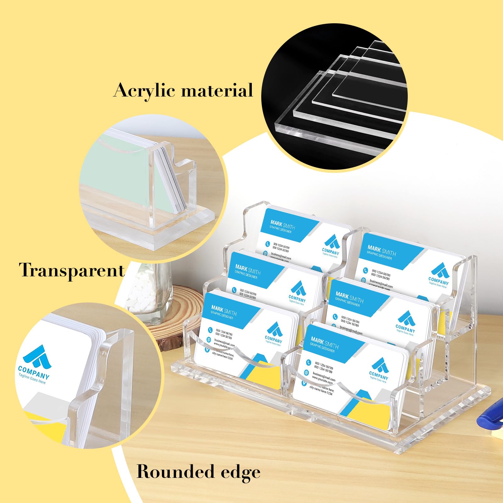 SWAWIS 6 Fächer Visitenkartenhalter Transparent, Acryl-Visitenkartenständer für Business Schreibtisch, Visitenkarten Aufsteller für Damen und Herren, Passend für 300 Visitenkarten