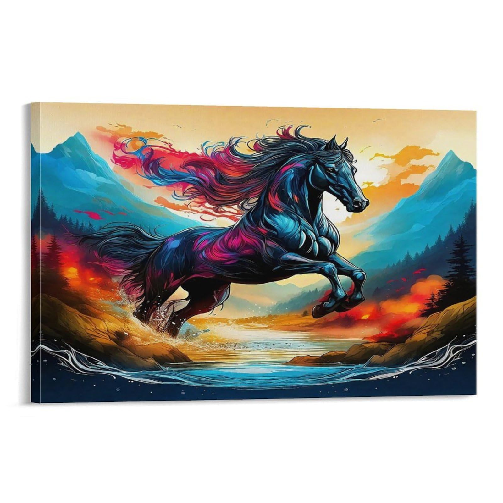 CPLVKWRQJ Starry Night Horse Galloping Single Black Fiery Horse Leaps between Mountain Peaks Canvas Wall Art - Fade Resistant Ready to Hang Living Room Focal Point Wall Decor 20x30inch(50x75cm)