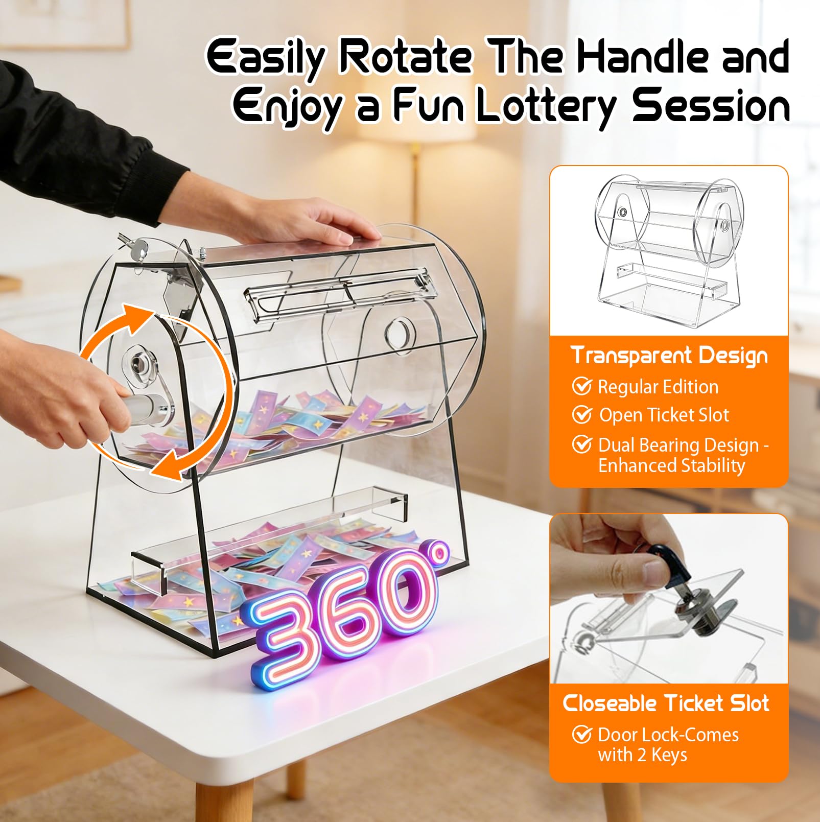 Lostrommel mit Griff Acryl Tombola, Spinner Käfig Transparent Tombola Ticket Box, Tombola Trommel mit 2 Schlüsseln, Tombola Drum für 2000 Tickets, Los-Drehkäfig für Lotteriespiele Bingo Tombola