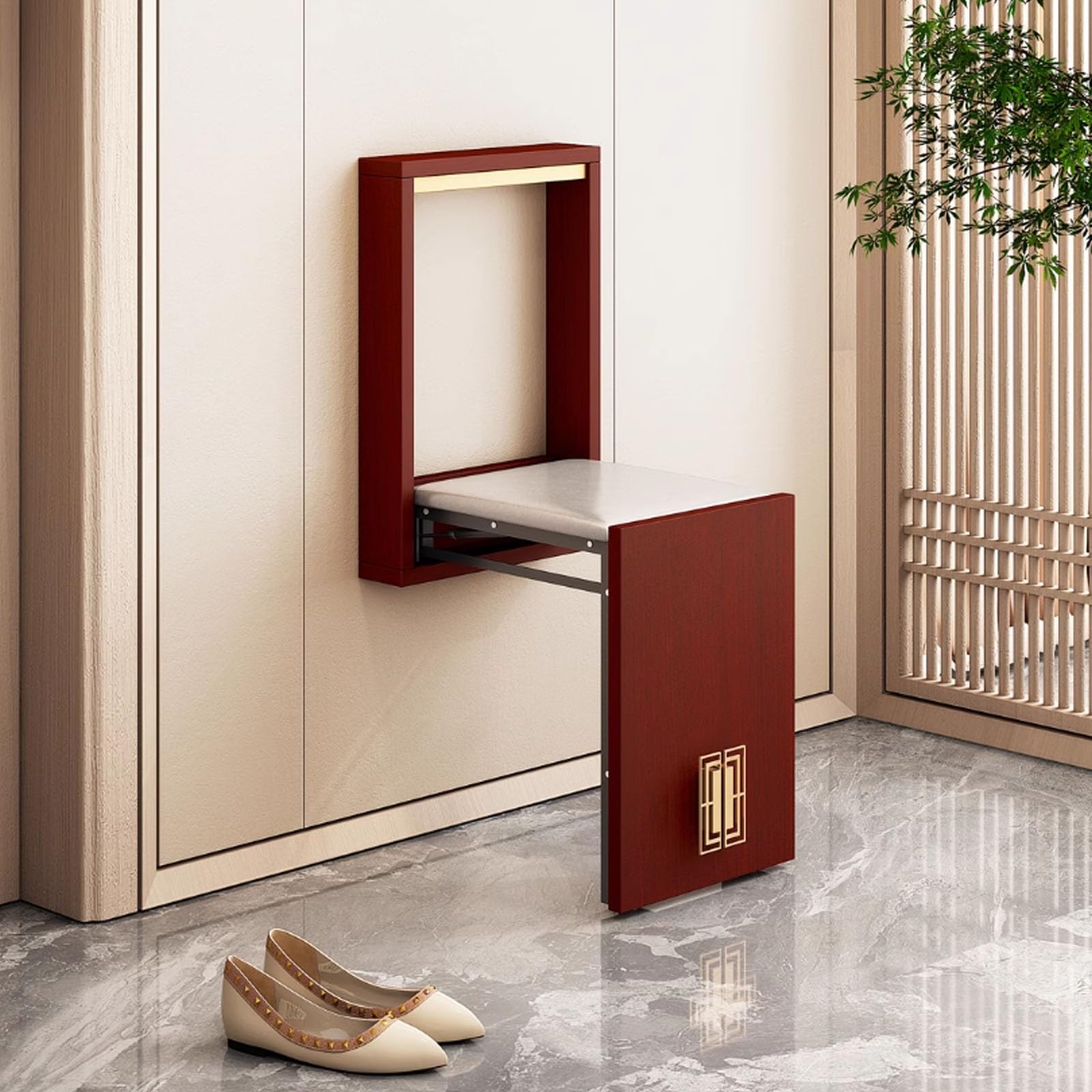 Taburete plegable de pared para pasillo, asiento de madera maciza ahorra espacio