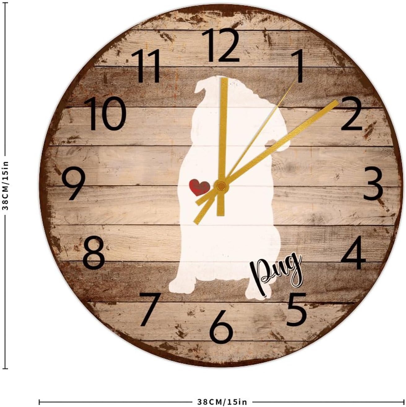 Minimalist Wood Clock Battery Operated Non Ticking Pug Decorative Wall Clocks Memorial Pet Portrait Red Heart Wall Decor for Family Room Garage Pool 15 Inch