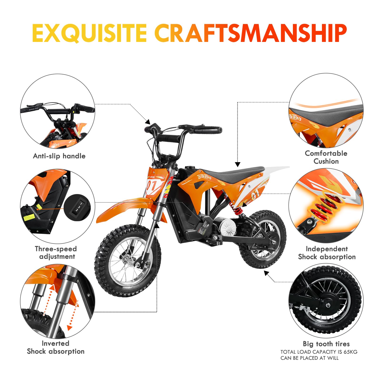CCLIFE Elektro Motorrad Kinder Lithiumbatterie 36V 300W, 8/12/25 km/h, Elektrisch Pocket Bike Dirt Bike, Geschwindigkeit einstellbar, Max.65kg, Orange