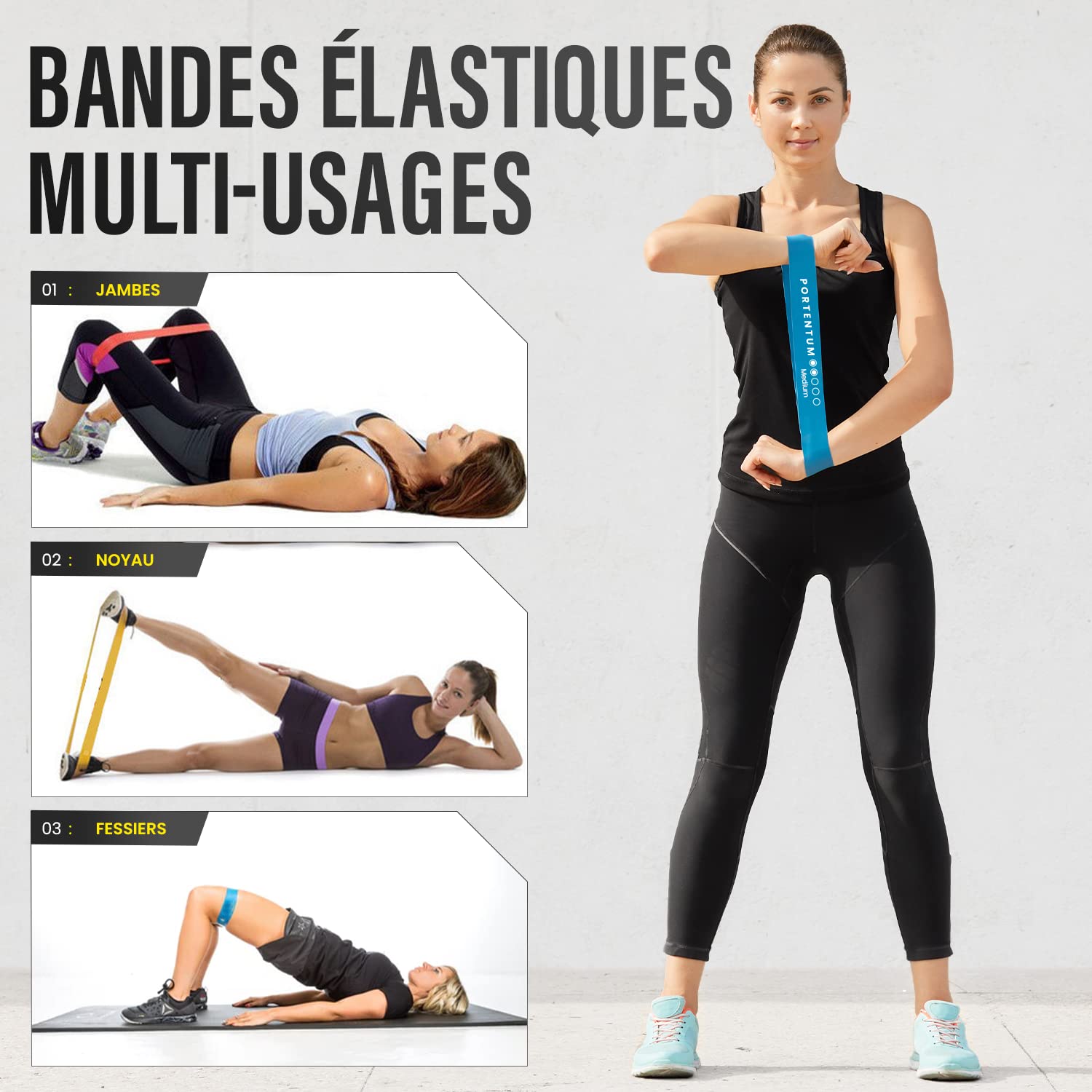 Lot De 3 Bandes élastiques Plates Sans Latex - Longueur 7FT - Niveaux Léger, Moyen, Fort