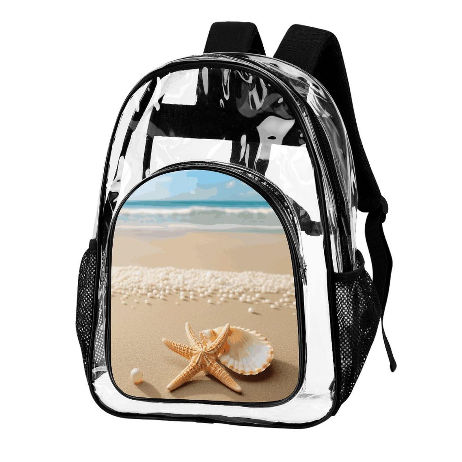 Transparenter Rucksack mit Seesternmuschel und Strand, groß, transparent, PVC, Büchertasche für Sicherheit, Arbeit, Reisen, Stadion