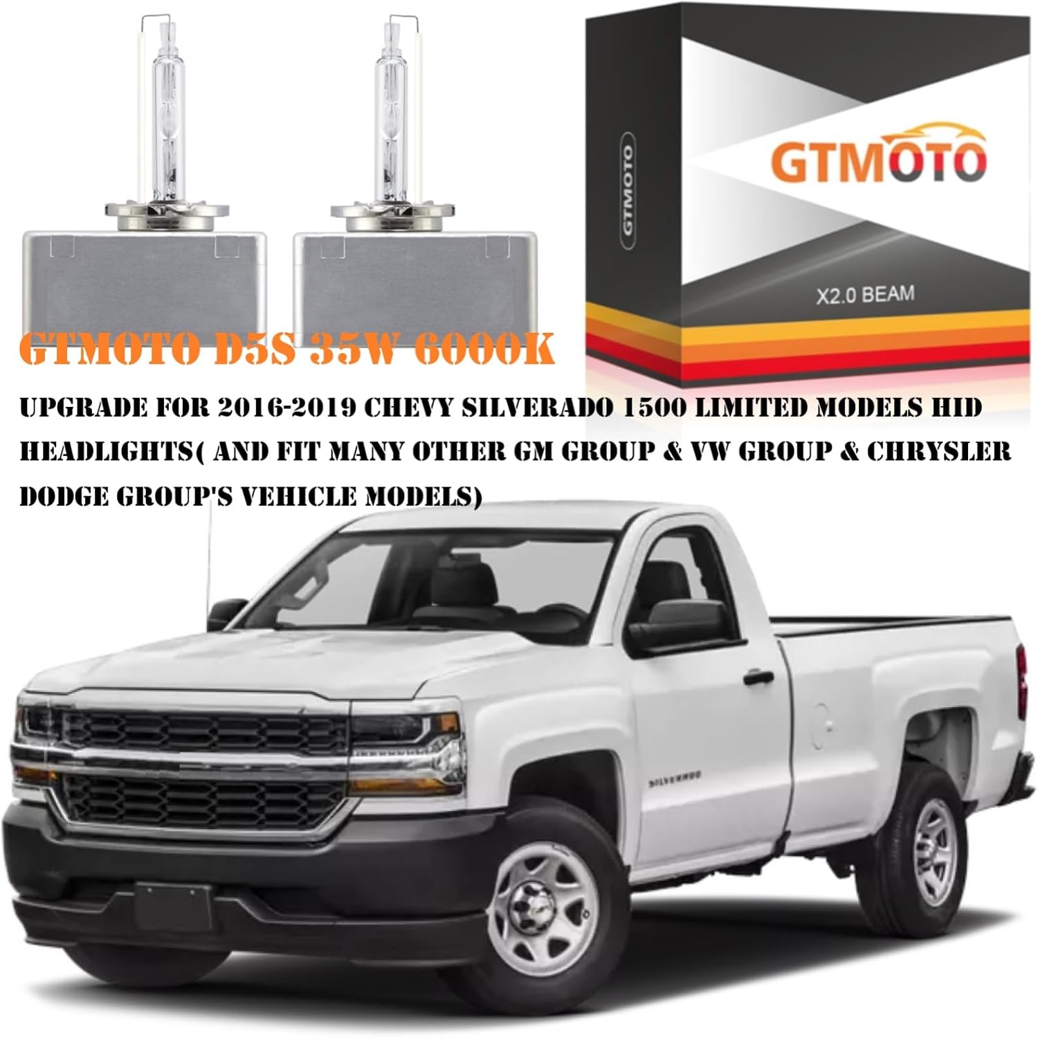 for 2016 2017 2018 Chevy Silverado 1500 Headlights D5S Xenon HID Bulbs, LS LT LTZ SSV WT Custom Truck Bi-xenon Headlamp GM 13594523 12V 25W, 35W D5SC1 6000K Bright White Lights, 2 Pack