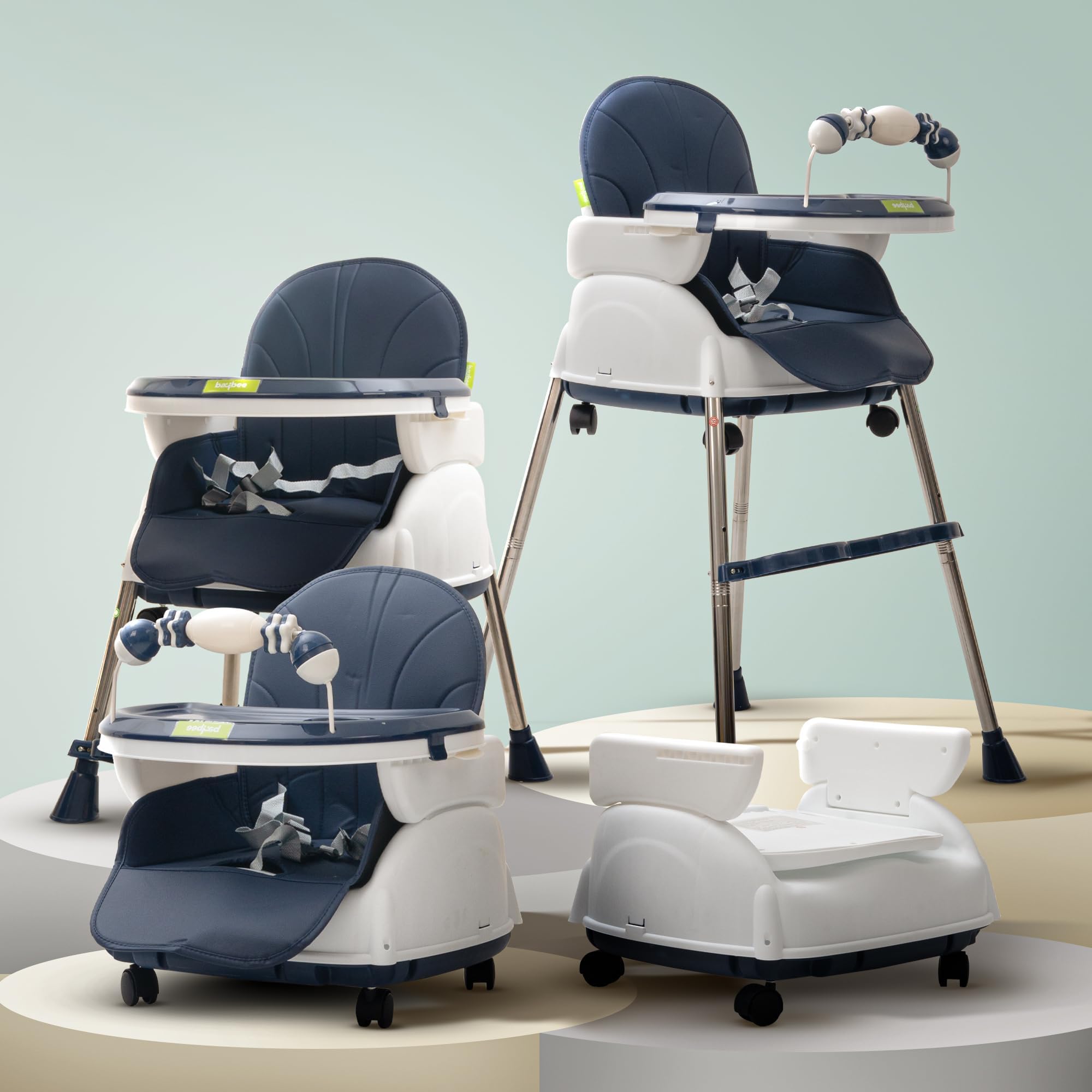 BAYBEE 4 in 1 Convertible High Chair with Adjustable Height and Footrest,Baby Toddler Feeding Booster Seat with Tray,Wheels,Safety Belt and Cushion,for Boys & Girls 6 Months to 3 Yrs (Nora Navy Blue)