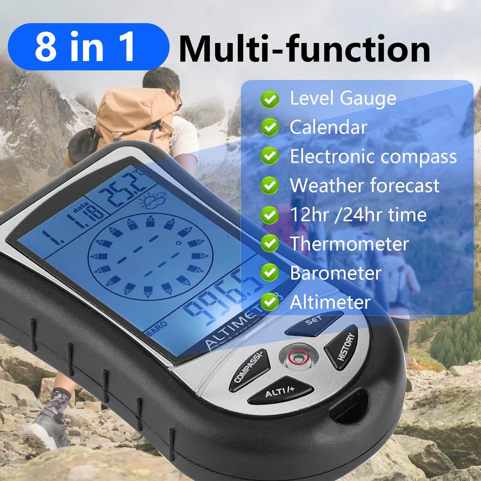 Altimètre numérique, boussole numérique, thermomètre de randonnée, minuterie et rétroéclairage, baromètre manuel 8 en 1 pour alpinisme en extérieur 2300 à 29500 pi 1100 MBAR, 300 mbar à 1100 mbar