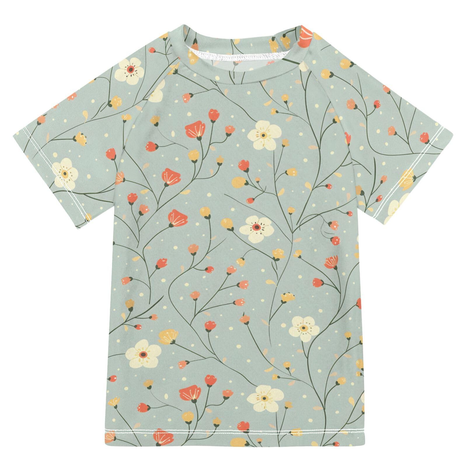 ALAZA Boys Swim Shirts Toddler Rash Guard Short Sleeve Rashguard Cute Flower Japanese UPF 50+ 11-12T