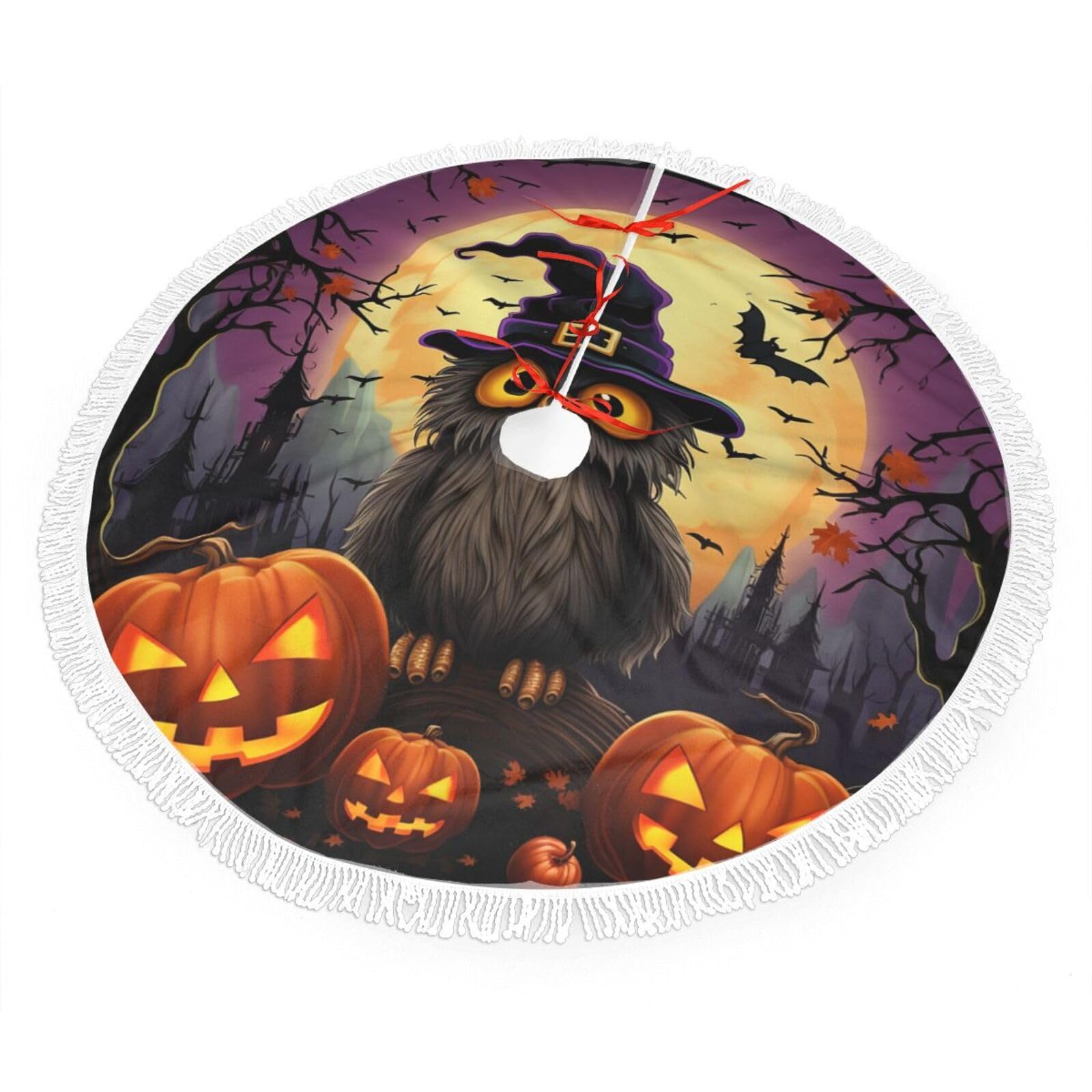 Halloween Owl Ghost Pumpkin Christmas Tree Skirt 48", Soft Plush Xmas Tree Carpet with Tassel Christmas Ornaments Winter Holiday Tree Mat Decoration for Home Party Supplies