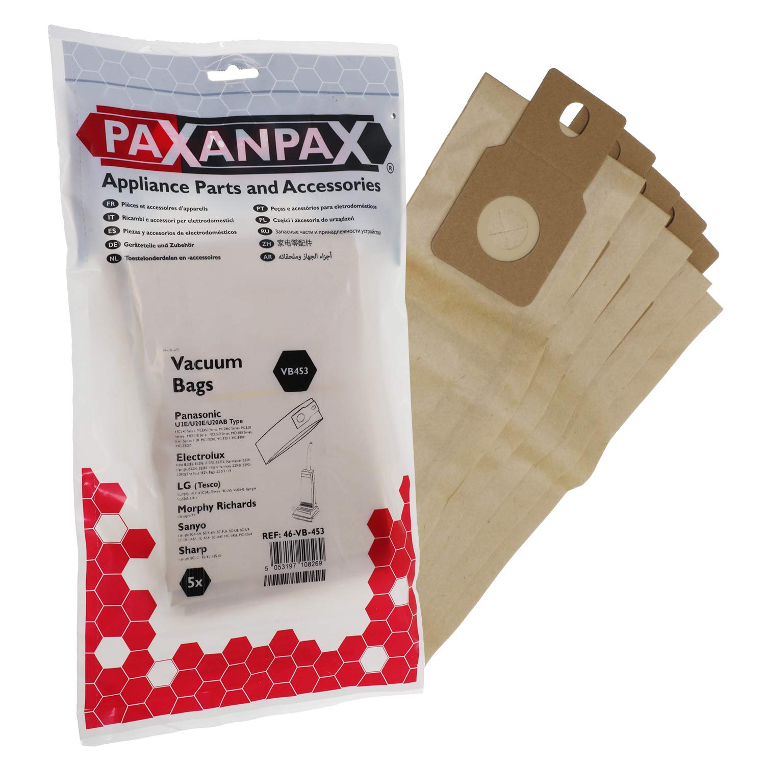 Paxanpax VB453 Compatible Paper Vacuum Bags For Panasonic 'U2E/U20E/U20AB' MCE, MCUG300, Icon Upright Series (Pack of 5)