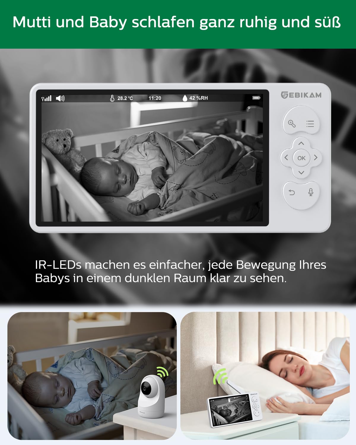 Baby Monitor 2K/3MP con Camera e App, Schermo 5,5", Rilevamento Movimento e Suoni, WiFi, Zoom 4X, Batteria 4000mAh, PTZ 355°, Modalità VOX, Visione Notturna, Audio Bidirezionale, Temperatura