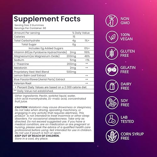 Miniatura 4 de riev Perfect Dose - Gomitas de melatonina para dormir, 2 mg por porción, apoyo nocturno suave para adultos, L-teanina, bálsamo de limón, veganas,