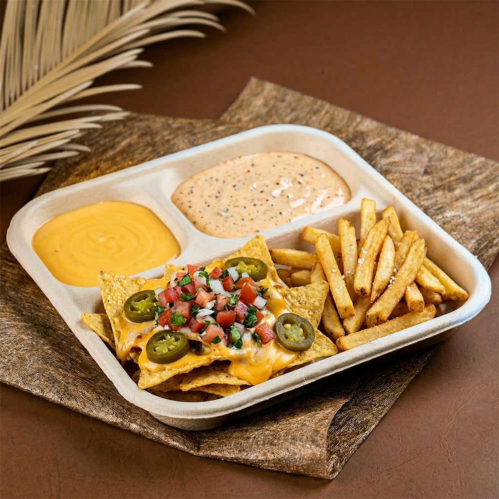 Compostable 3 Compartment Plates, 8.5 Inch Heavy Duty Bagasse Divided Snack Plates (25 Pack), PFAS Free Disposable Paper Plates for Snacks, Desserts, Parties, Catering & Appetizers