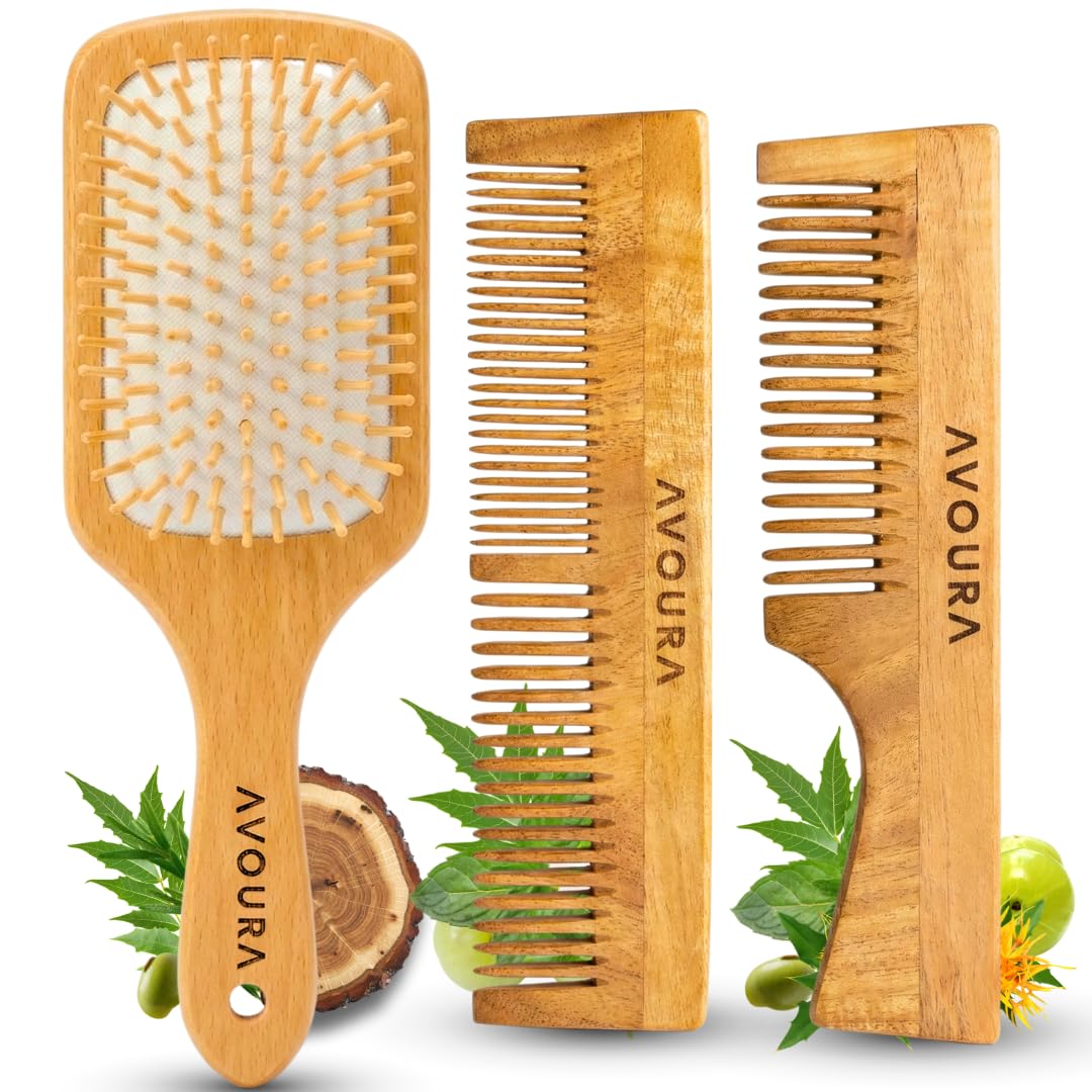 Avoura Neem Wood Hair Care Set | 3 Piece Wooden Brush and Comb Set for Natural Hair Care | Neem Bristle Hair Brush and Dual Tooth Neem Comb | Oil Infused with 21 Herbs | Wooden Hair Care Combo for Detangling and Styling-image-48