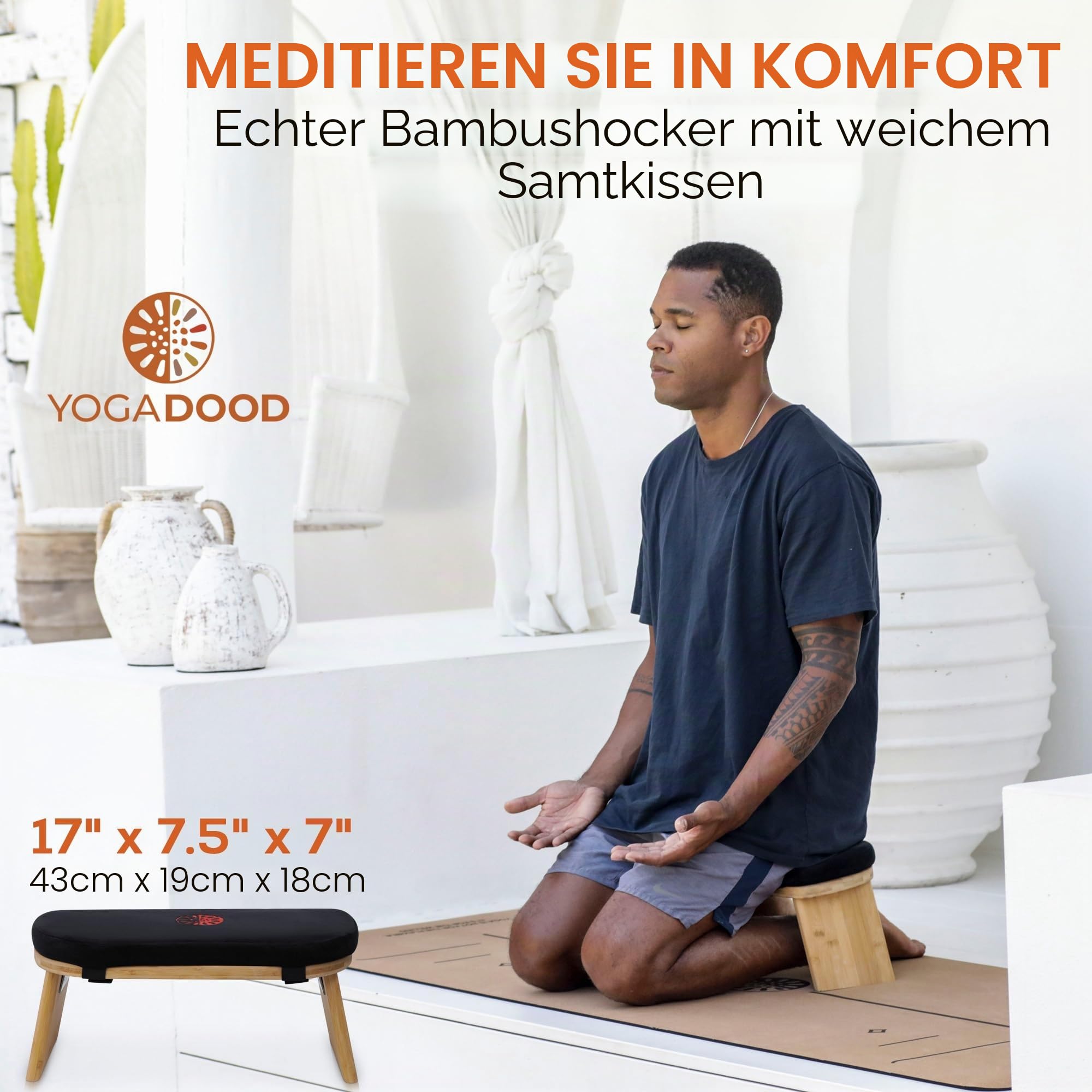 Faltbare Meditationsbank mit Samtkissen & Tragetasche - Bambus Yoga Hocker Seiza Gebetsbank Reise Meditationssitz - Bequemer Kniestuhl für Achtsamkeit Zen Praxis Meditationshocker, YD002