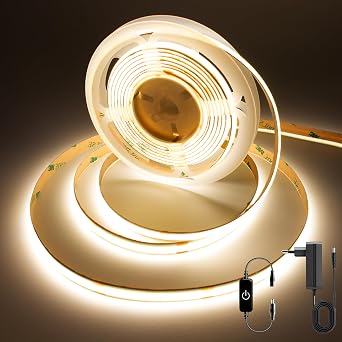 COB LED Strip Light 3M - 24V Dimmable Dotless Tape with Touch Controller 3000K Warm White Power Supply - for Kitchen Cabinet Wardrobe Mirror Bookshelf CRI 90 8mm Wide Self-Adhesive Ribbon [Energy Class D]